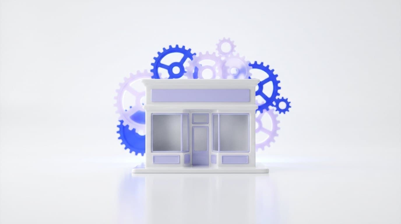 A small white ceramic storefront model with glowing electric blue gears turning gently behind it