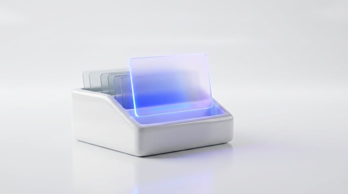 A white ceramic card file holding frosted glass cards, one raised and glowing electric blue