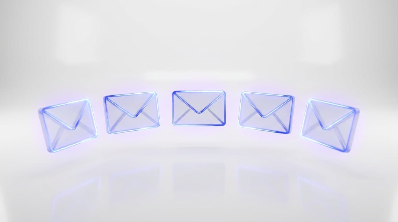 Five frosted glass envelopes floating in an arc above a white studio floor, each edge traced with electric blue light